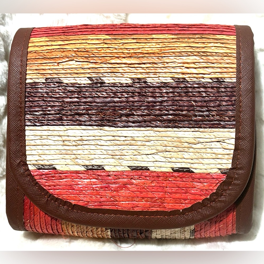 Brown Tan Orange Gold Handmade Boho Straw Crossbody Purse Bag - Picture 2 of 8